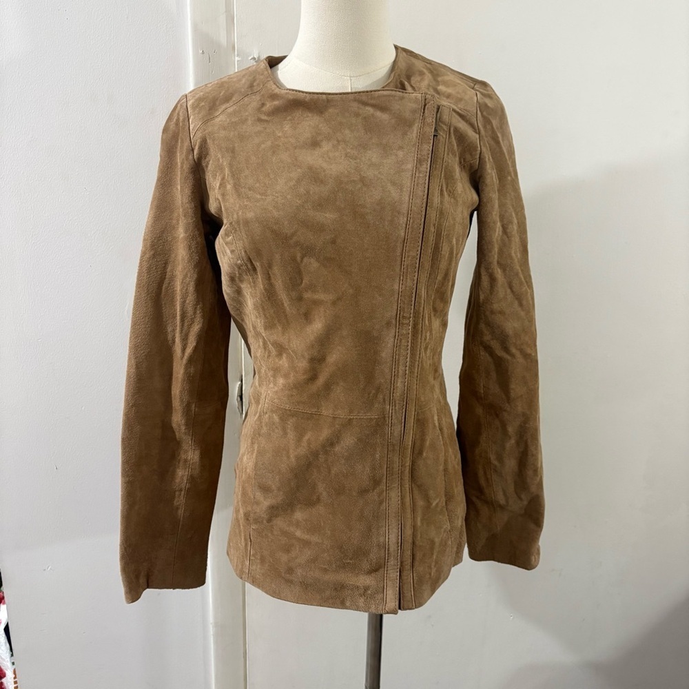 Dennis Basso Brown Washable Suede Leather Jacket Asymmetrical Zipper Sz XXS